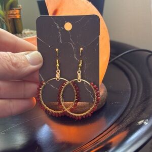 Elegant Gold and Red Beaded Hoop Earrings